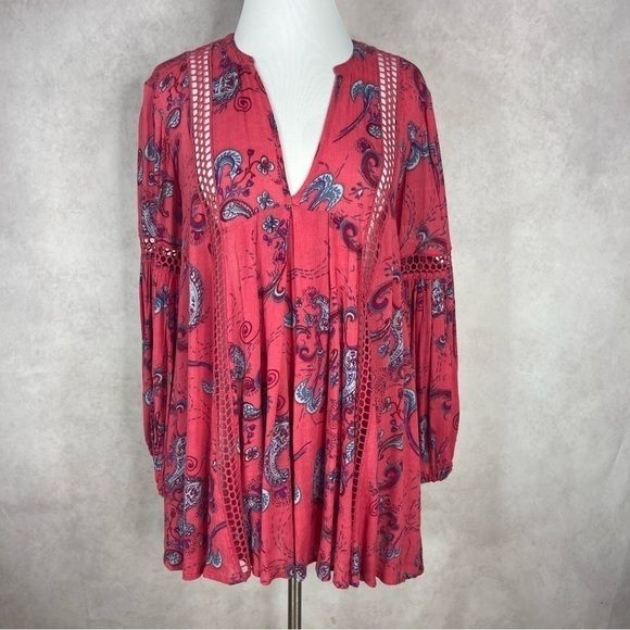 Free People Just The Two Of Us Paisley Printed Tunic In Red Pink Combo Size XS - Picture 2 of 9